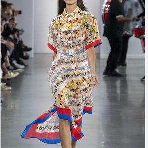 Deveaux- Silk Shirtdress Handkerchief Hem Summer Print Dress